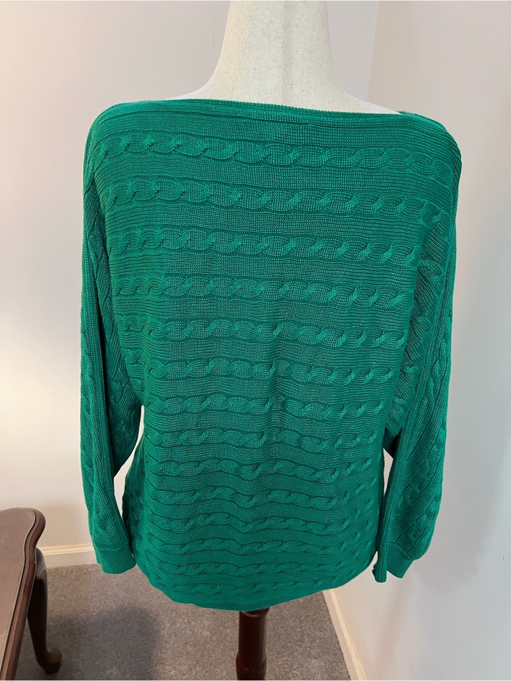 Lauren by Ralph Lauren Green Cable-Knit Boatneck Dolman Sleeve Sweater XL - Picture 3 of 9